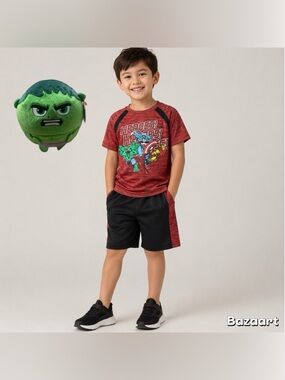 3 Pc Sz 5/6 Boys Marvel Avengers Super Hero Shorts & Top Outfit W/ Ty Hulk Plush